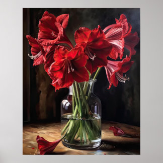 Póster Red Amaryllis Flowers Art Print Poster