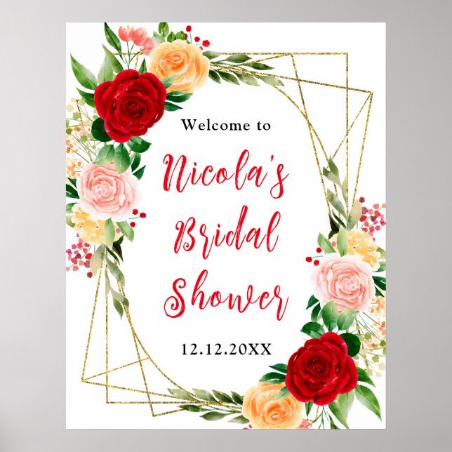 Póster Red and Orange Roses Bridal Shower Welcome (Frente)