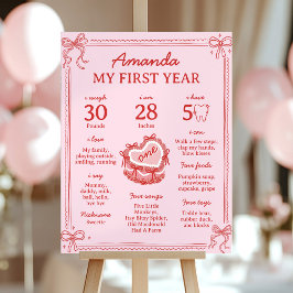 Póster Red and Pink Bow Cake 1st Birthday Milestone Sign