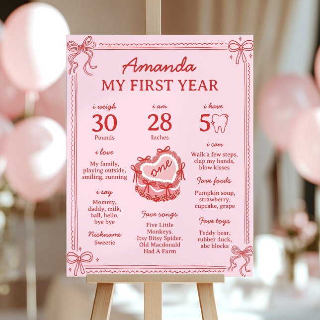 Póster Red and Pink Bow Cake 1st Birthday Milestone Sign (Subido por el creador)