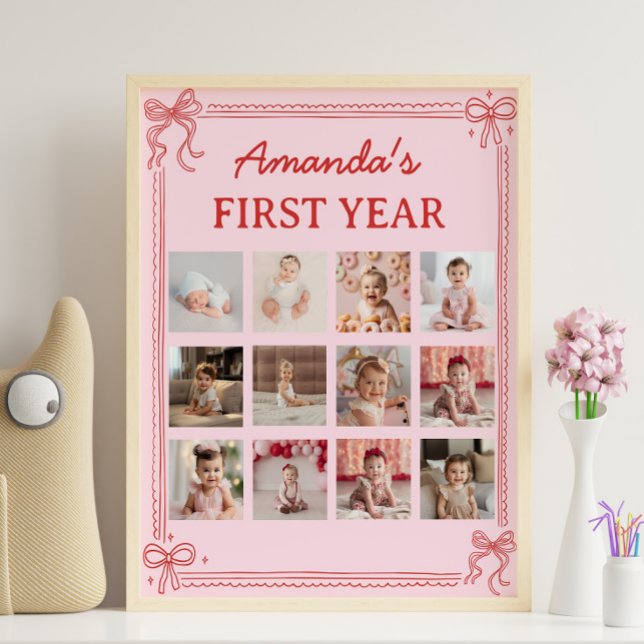 Póster Red and Pink Bow Cake Birthday Photo Milestone (Subido por el creador)