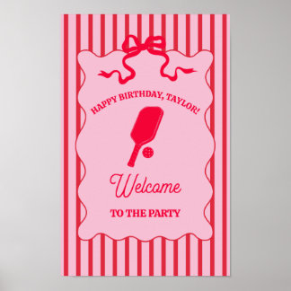 Póster Red and Pink Striped Pickleball Birthday Party