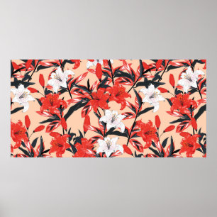 Póster Red and white Lily flowers botanical seamless patt