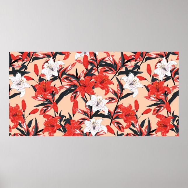 Póster Red and white Lily flowers botanical seamless patt (Frente)