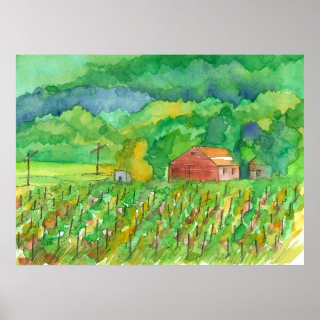 Póster Red Barn Mountain Vineyard Watercolor (Frente)