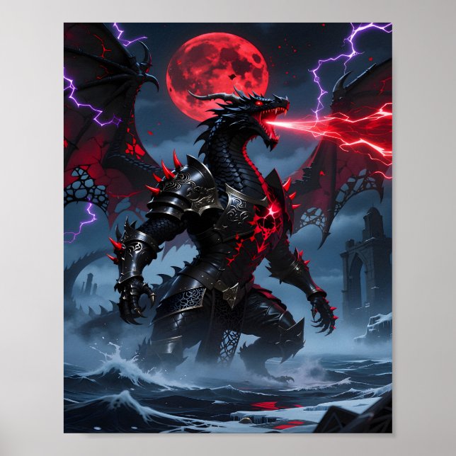Póster Red Blood Moon Armored Black Dragon Fantasy (Frente)