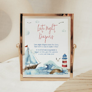 Póster Red Blue Nautical Baby Shower Late Night Diapers