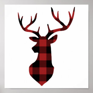 Póster Red Buffalo Plaid Navidades Deer Silhouette