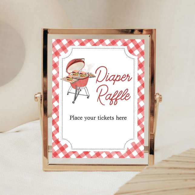 Póster Red Burger BBQ Baby Shower Diaper Raffle (Backyard BBQ Baby Shower Diaper Raffle Sign)