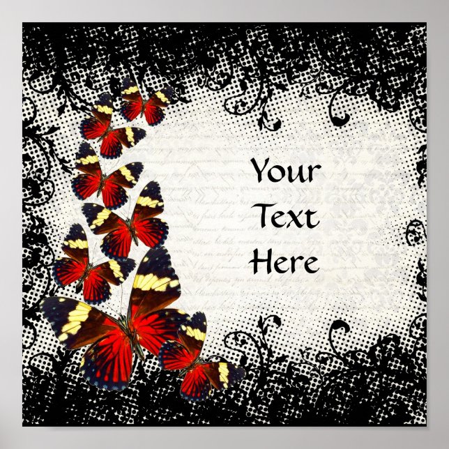 Póster Red butterflies on black lace (Frente)