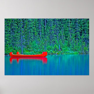 Póster Red Canoes on Green Water