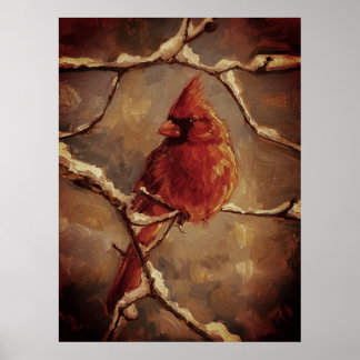 Póster Red Cardinal Bird Oil Painting – Winter Branch