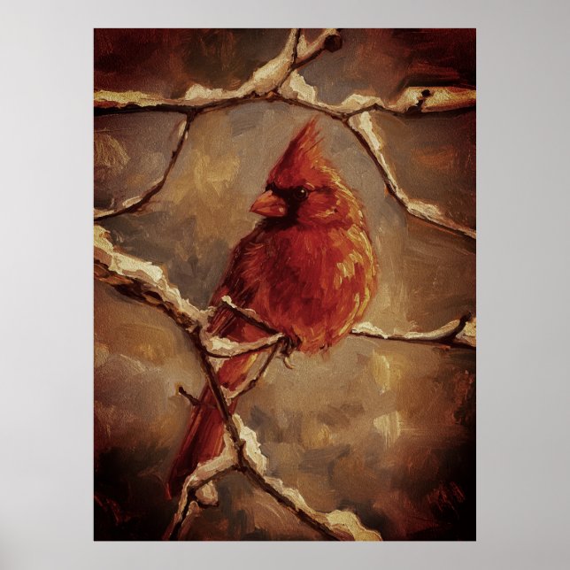 Póster Red Cardinal Bird Oil Painting – Winter Branch (Frente)