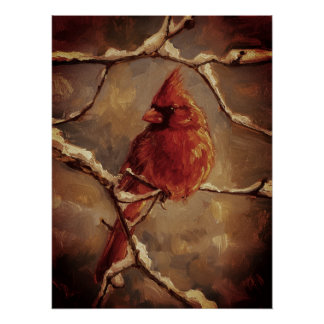 Póster Red Cardinal Bird Oil Painting – Winter Branch
