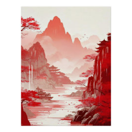 Póster Red Chinese Landscape Painting - Serene Mountains