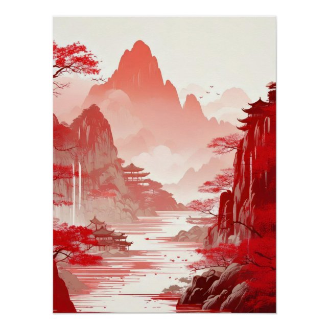 Póster Red Chinese Landscape Painting - Serene Mountains (Anverso)