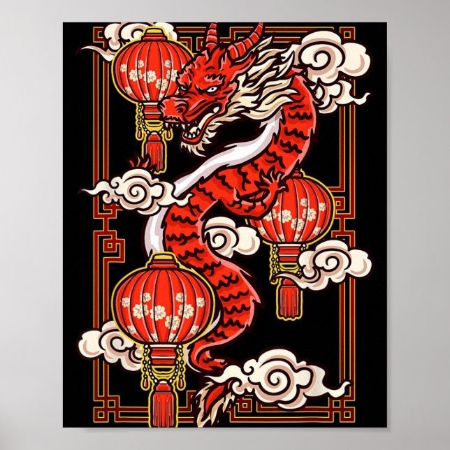 Póster Red Chinese New Year Of The Dragon 2024 Lanterns C (Frente)