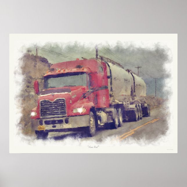 Póster Red Cistern Truck Highway Driving Painting Print (Frente)