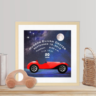 Póster Red Classic Car Baby Boys Birth Stat Birth Record