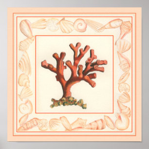 Póster Red Coral with Conch Shell Border
