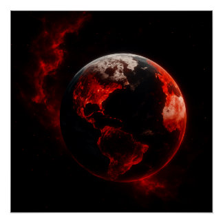 Póster Red Cosmic Earth – Neon Apocalypse Planet Art | Hi