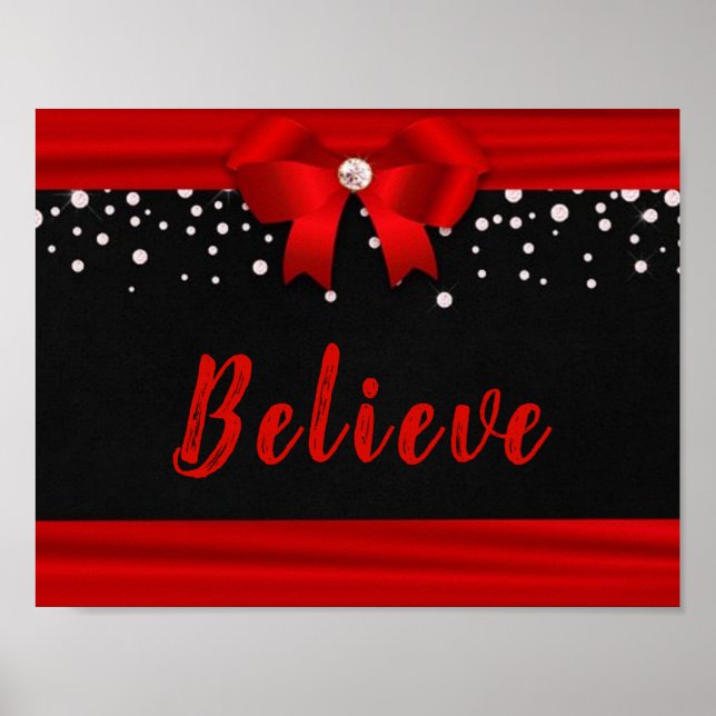 Póster RED Elegant Ribbon BELIEVE texto sobre negro (Frente)
