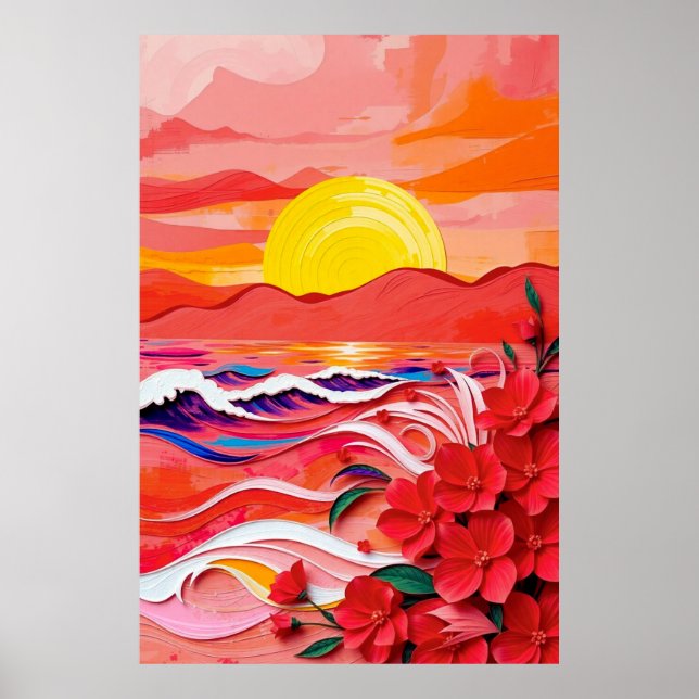 Póster Red Floral Coast Quilling Art with Sunrise Waves & (Frente)