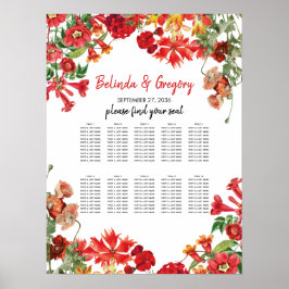 Póster Red Floral Garden Flowers Wedding Seating Chart