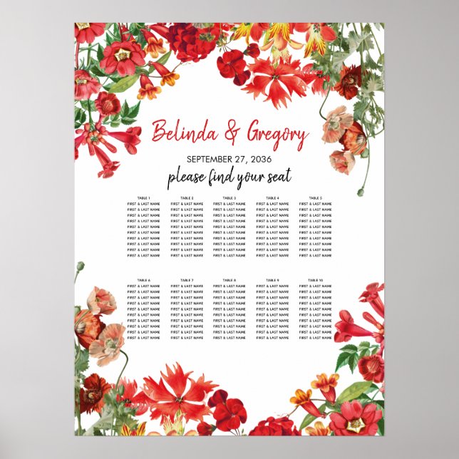 Póster Red Floral Garden Flowers Wedding Seating Chart (Frente)