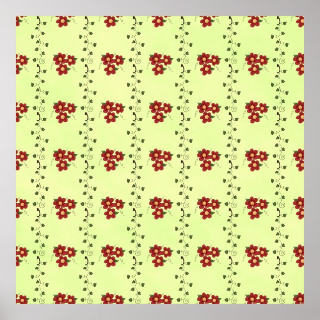 Póster Red Floral Vine Pattern on Light Green (Frente)
