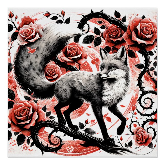 Póster Red Fox y Rosas con Thornes Linocut (Anverso)