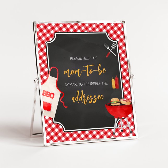 Póster Red Gingham BQ Baby Shower Envelope Station (Burger in the Oven Baby Shower Envelope Station Sign)
