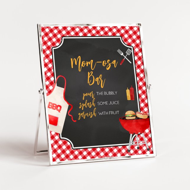 Póster Red Gingham BQ Baby Shower Mom Osa Bar (Burger in the Oven Baby Shower Mom Osa Bar Sign)