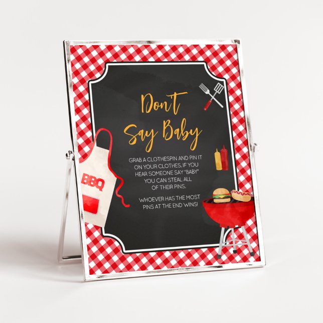 Póster Red Gingham BQ Baby Shower no dice bebé (Burger in the Oven Baby Shower Don't Say Baby Sign
)