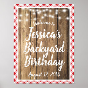 Póster Red Gingham Rustic Wood Backyard BBBQ Rótulo de cu