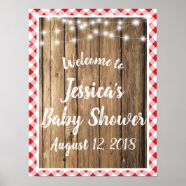 Póster Red Gingham Rustic Wood Sting Lights Event Shower