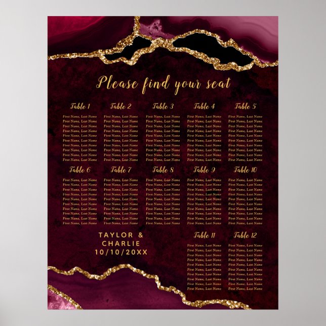 Póster Red Gold Agate Wedding Seating Chart 12 Table (Frente)