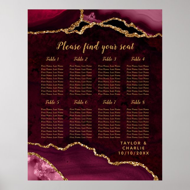 Póster Red Gold Agate Wedding Seating Chart 8 Table (Frente)