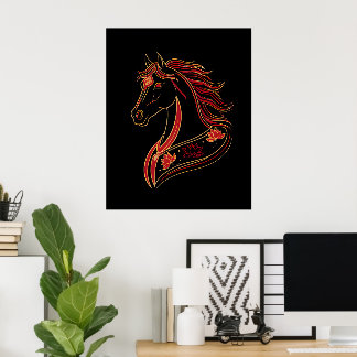 Póster Red & Gold Horse with Lotus, Spiritual Symbolic 