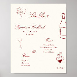 Póster Red Illustrated Whimsical Wedding Bar Menu
