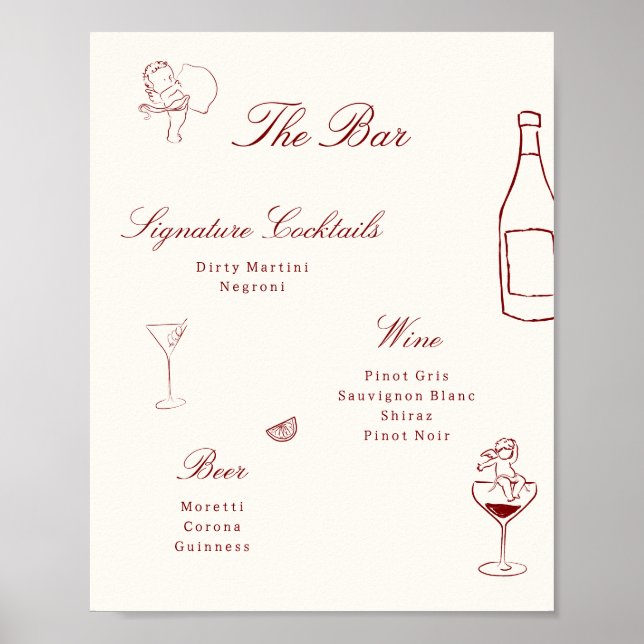 Póster Red Illustrated Whimsical Wedding Bar Menu (Frente)