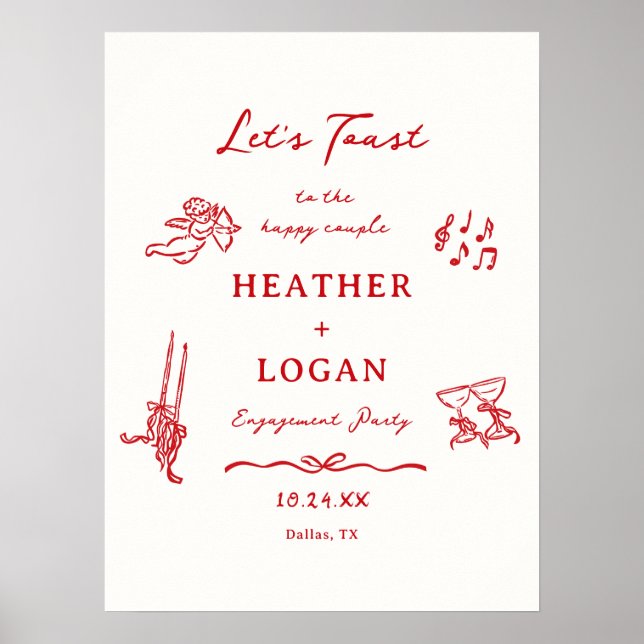 Póster Red Let's Toast Engagement Party Welcome (Frente)