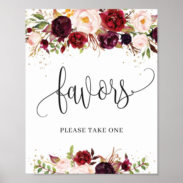 Póster Red marsala floral roses burgundy boho favors sign (Frente)