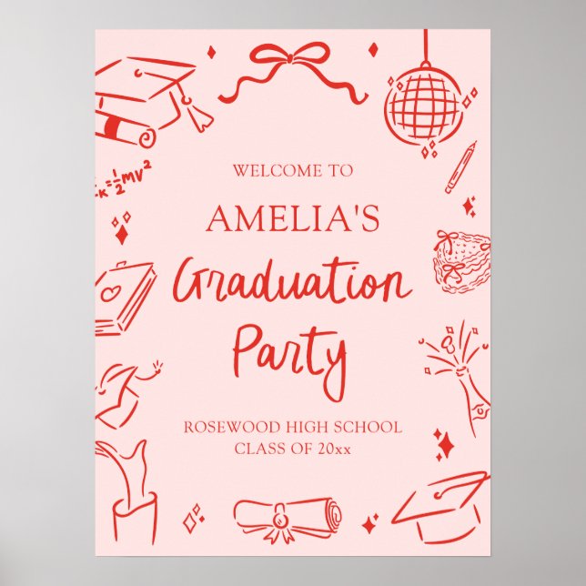 Póster Red Modern Hand Drawn Graduation Party Welcome (Frente)
