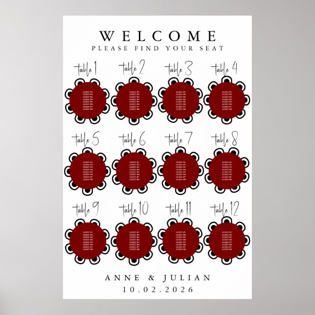 Póster Red Modern Minimal Wedding Seating Chart Poster (Frente)