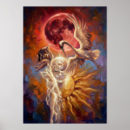 Póster Red Moon Crane Symbolic Art Poster