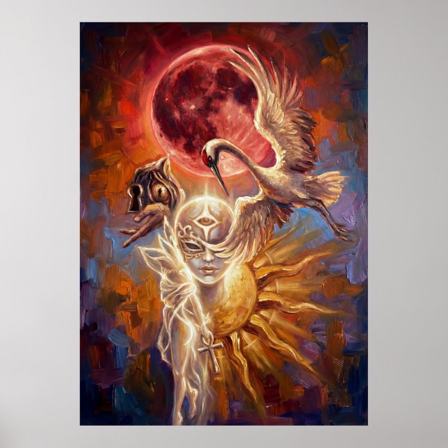 Póster Red Moon Crane Symbolic Art Poster (Frente)