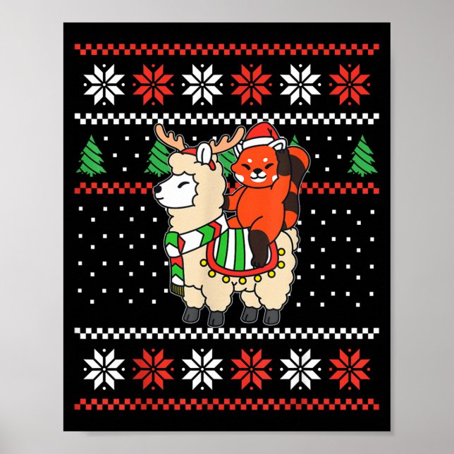 Póster Red Panda Ugly Christmas Sweater Reindeer Llama Ri (Frente)