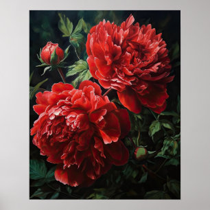 Póster Red Peony Flowers Art Print Poster