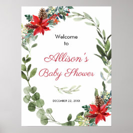 Póster Red poinsettia greenery baby shower welcome poster
